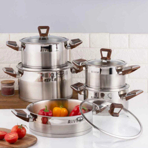 سرویس قابلمه و تابه استیل 10 پارچه ریور مدل دسته چوبی کد TP3302