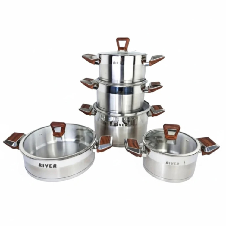 سرویس قابلمه و تابه استیل 10 پارچه ریور مدل دسته چوبی کد TP3302