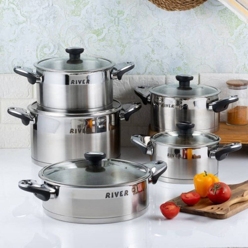 سرویس قابلمه و تابه استیل 10 پارچه ریور مدل دسته باکالیت استیل کد TP3303