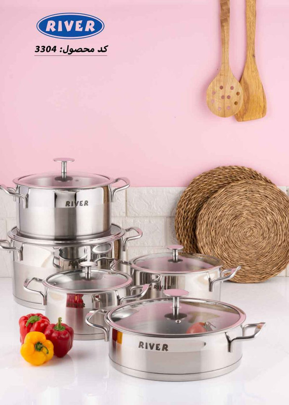 سرویس قابلمه و تابه استیل 10 پارچه ریور مدل دسته استیل کد TP3307